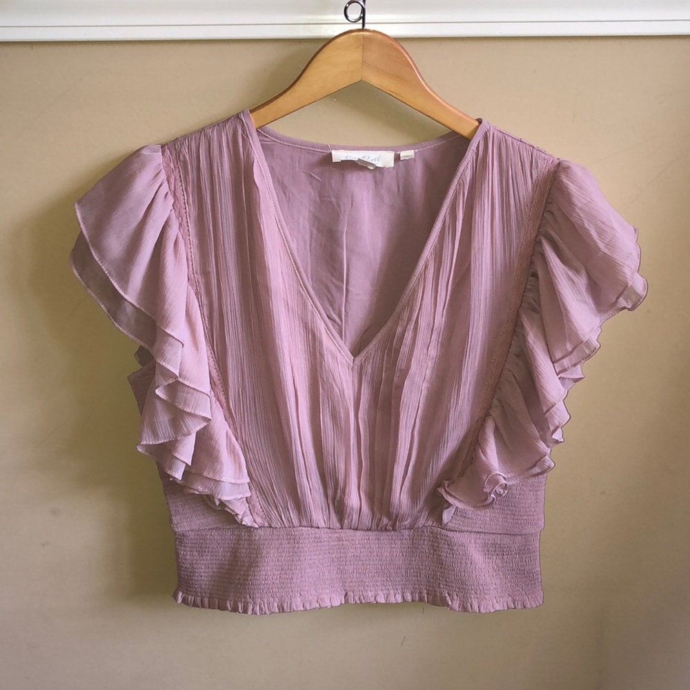 Forever that Girl x Anthropologie Lilac Smocked Ruffle Blouse, Size Medium